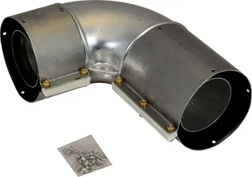 Konzentrischer Abgasbogen aus Metall mit zwei Öffnungen, gebogen in einem 90-Grad-Winkel, geeignet für Heizthermen, eventuell von der Marke Wolf. Schrauben liegen separat bei.
